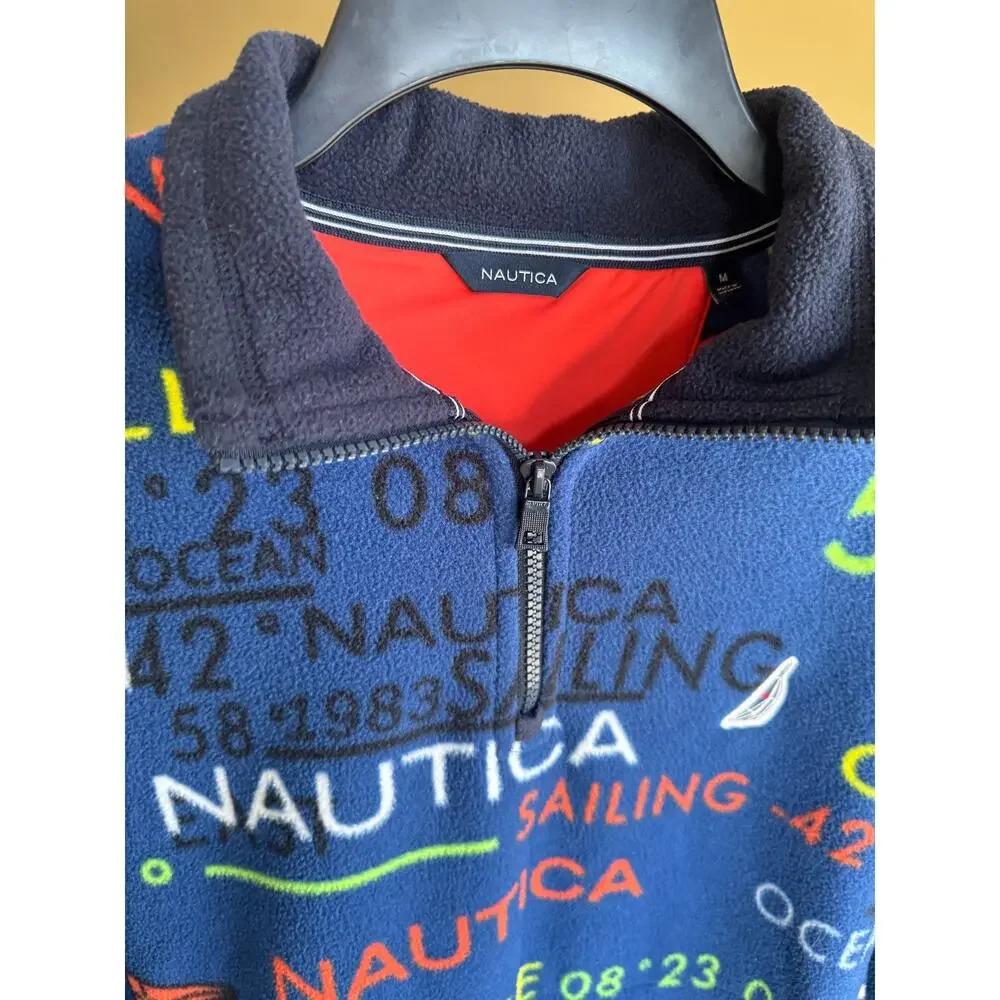 Nautica Mens Fleece Pullover Medium Blue Graphic 1/4 Zip Long Sleeve Sweater